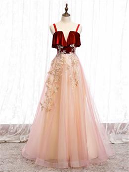 Picture of Pink Tulle and Velvet Long Lace Applique Straps Floor Length Party Dresses, A-line Long Pink Formal Dresses